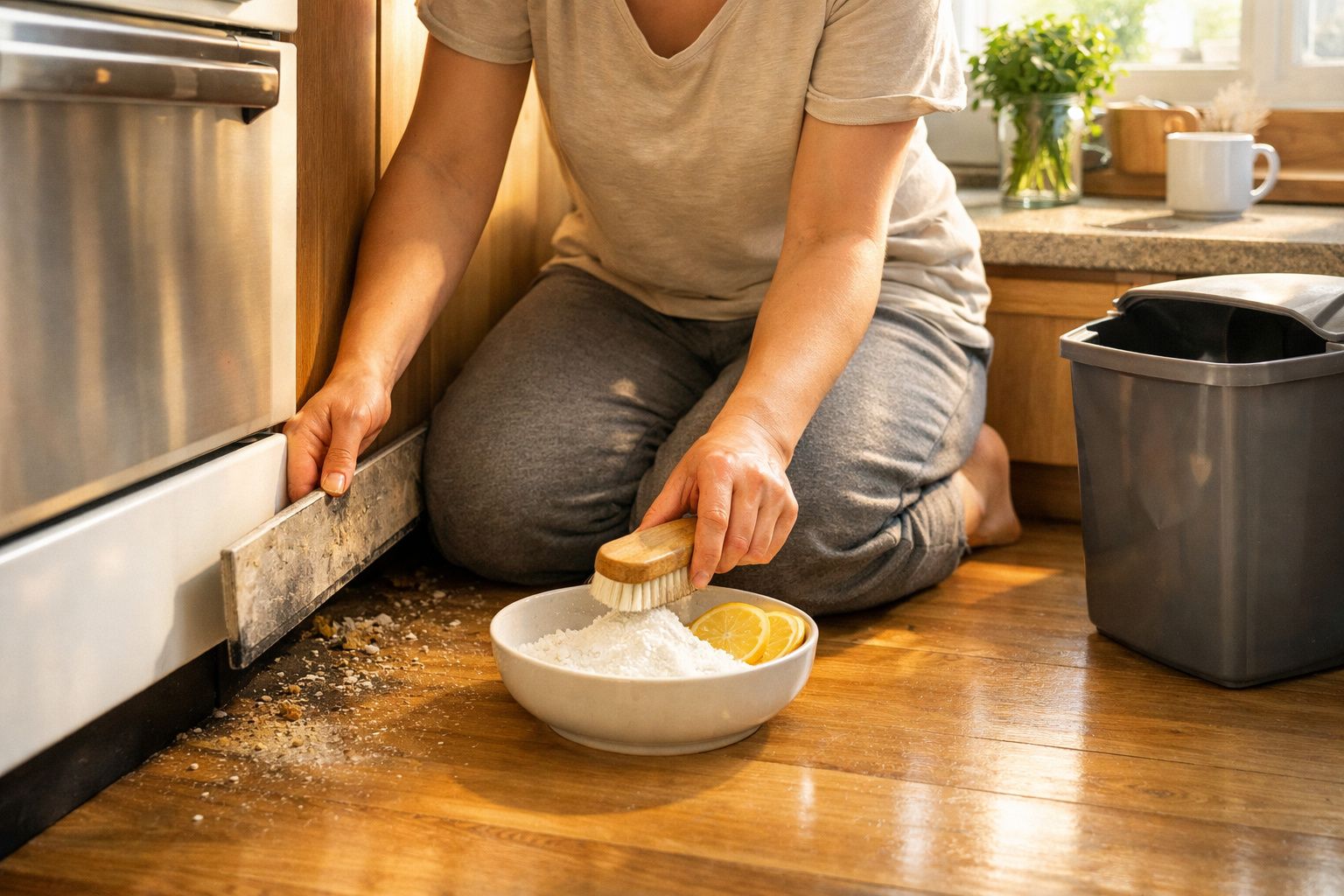 Pessoa a limpar o chão da cozinha com escova, usando mistura de pó branco e limão num recipiente branco.