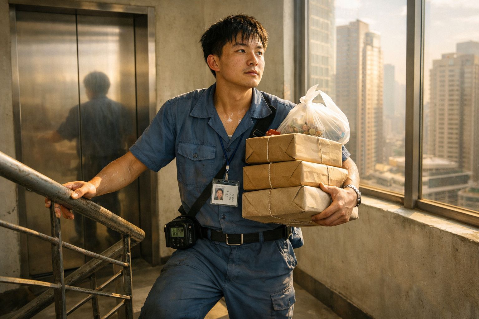 Homem com uniforme azul e crachá a subir escadas com várias encomendas embrulhadas em papel castanho.