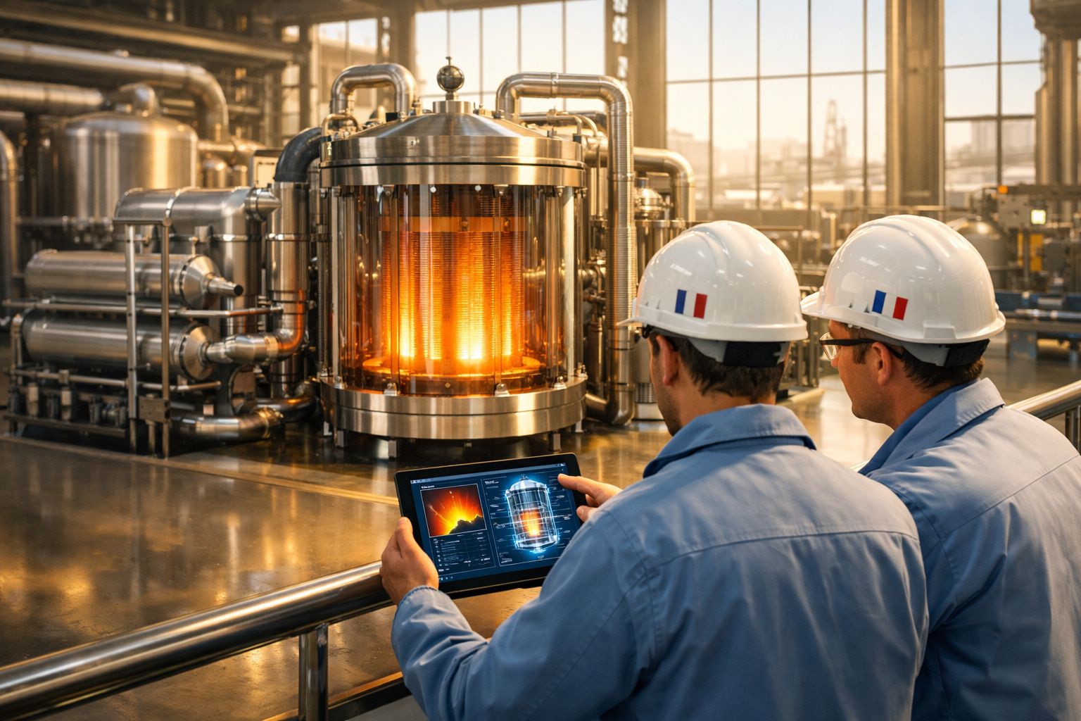 Dois técnicos em capacetes brancos analisam dados numa fábrica industrial com máquinas metálicas e luz laranja.