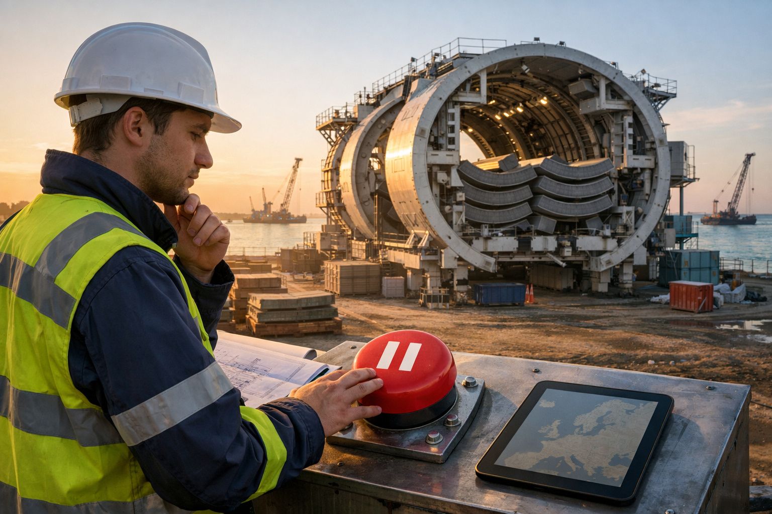 Trabalhador em colete e capacete aciona botão vermelho numa obra industrial próxima ao rio ao pôr do sol.