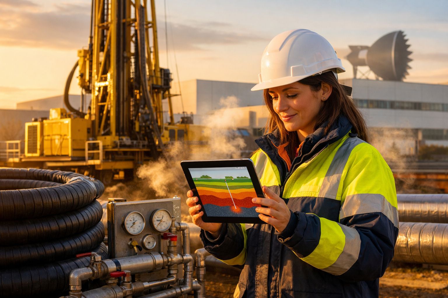 Mulher engenheira com capacete e colete reflete sobre gráficos geológicos num tablet numa obra industrial ao pôr do sol.