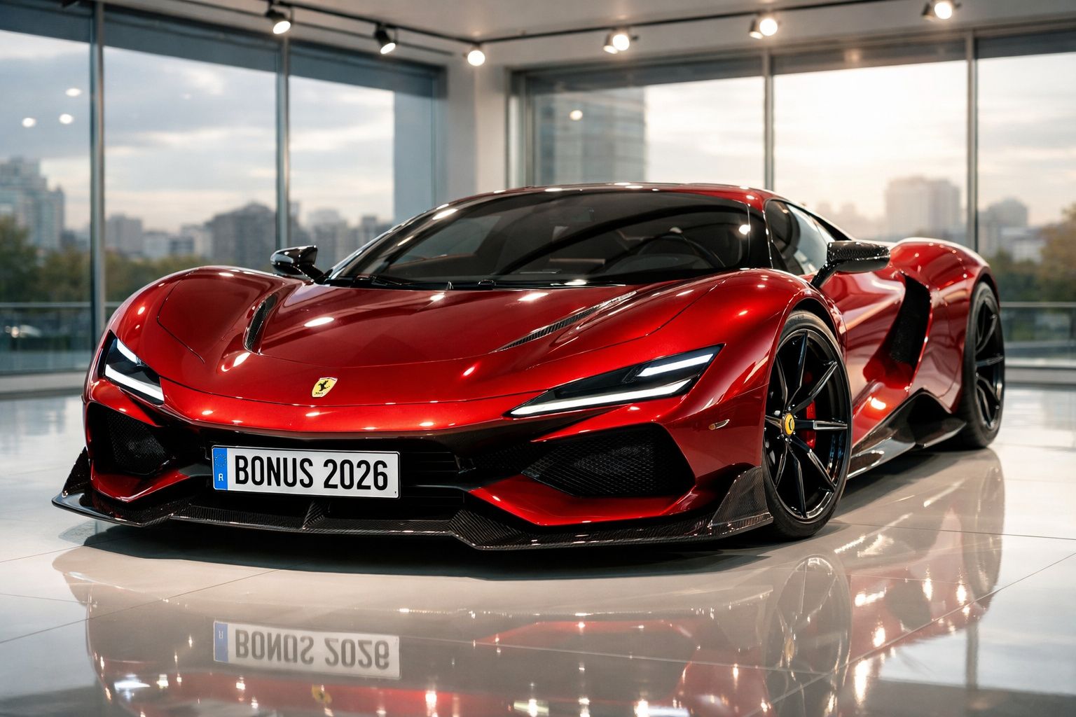 Carro desportivo Ferrari vermelho brilhante estacionado em interior moderno com janelas grandes.