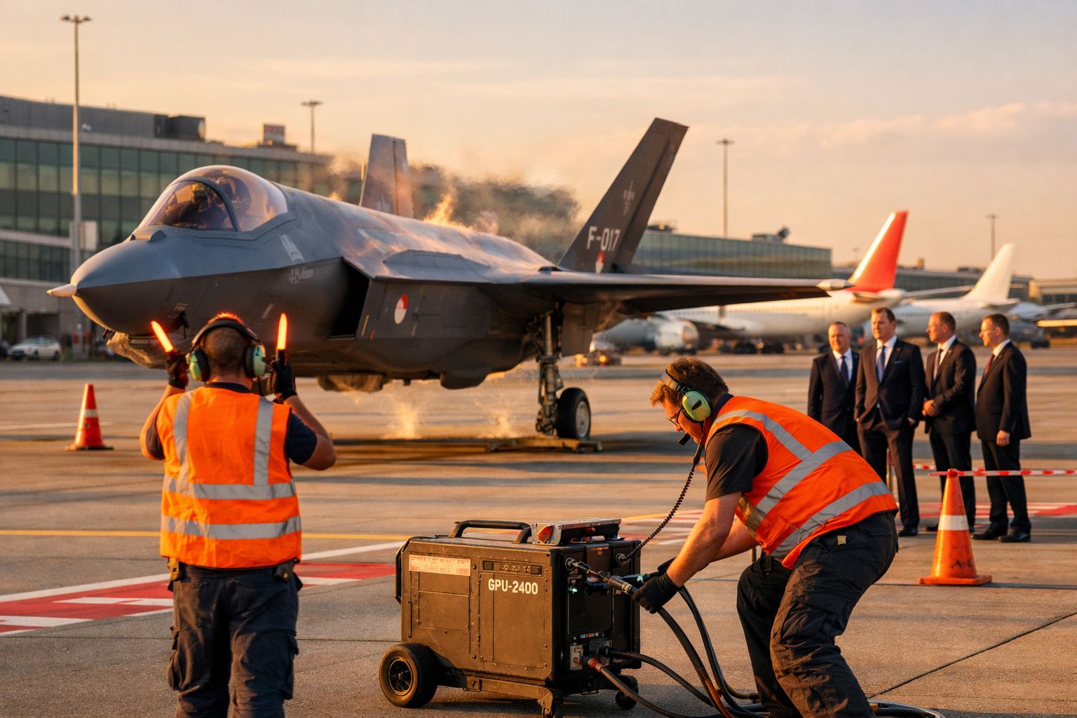 Caças F-35 no aeroporto com técnicos em coletes laranja e pessoas de fato ao fundo.