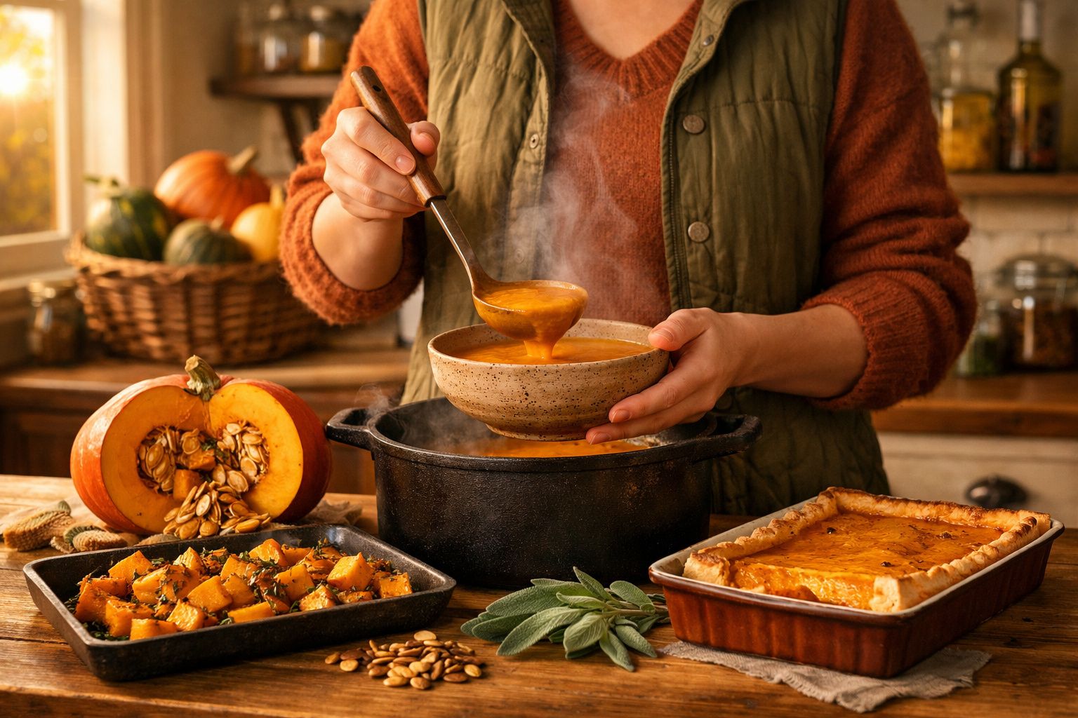 Pessoa a servir sopa de abóbora na cozinha com abóbora cortada, ervas e tarte de abóbora à mesa.
