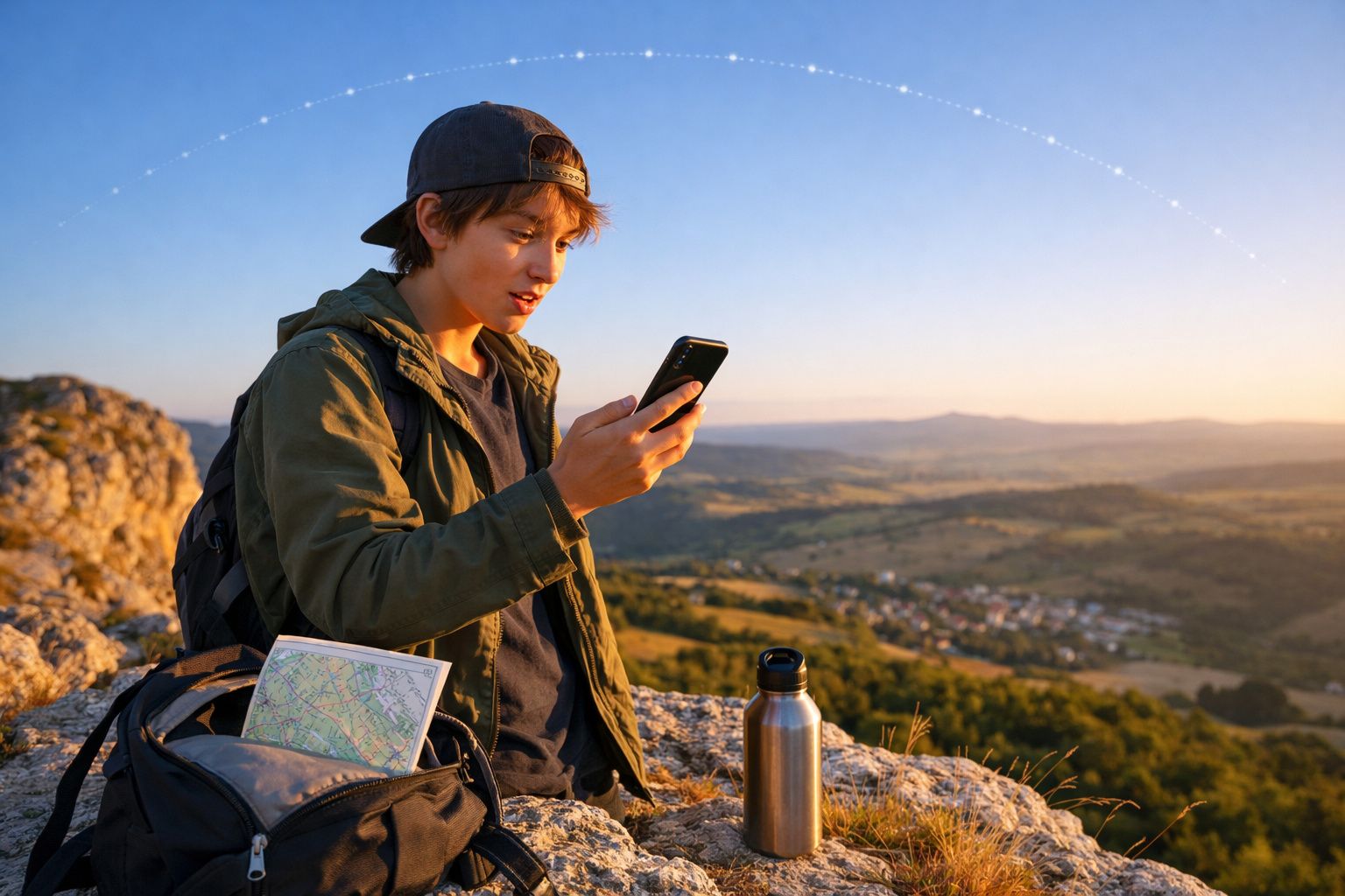 Rapaz com boné para trás usa smartphone num miradouro com mochila e mapa, ao pôr do sol.