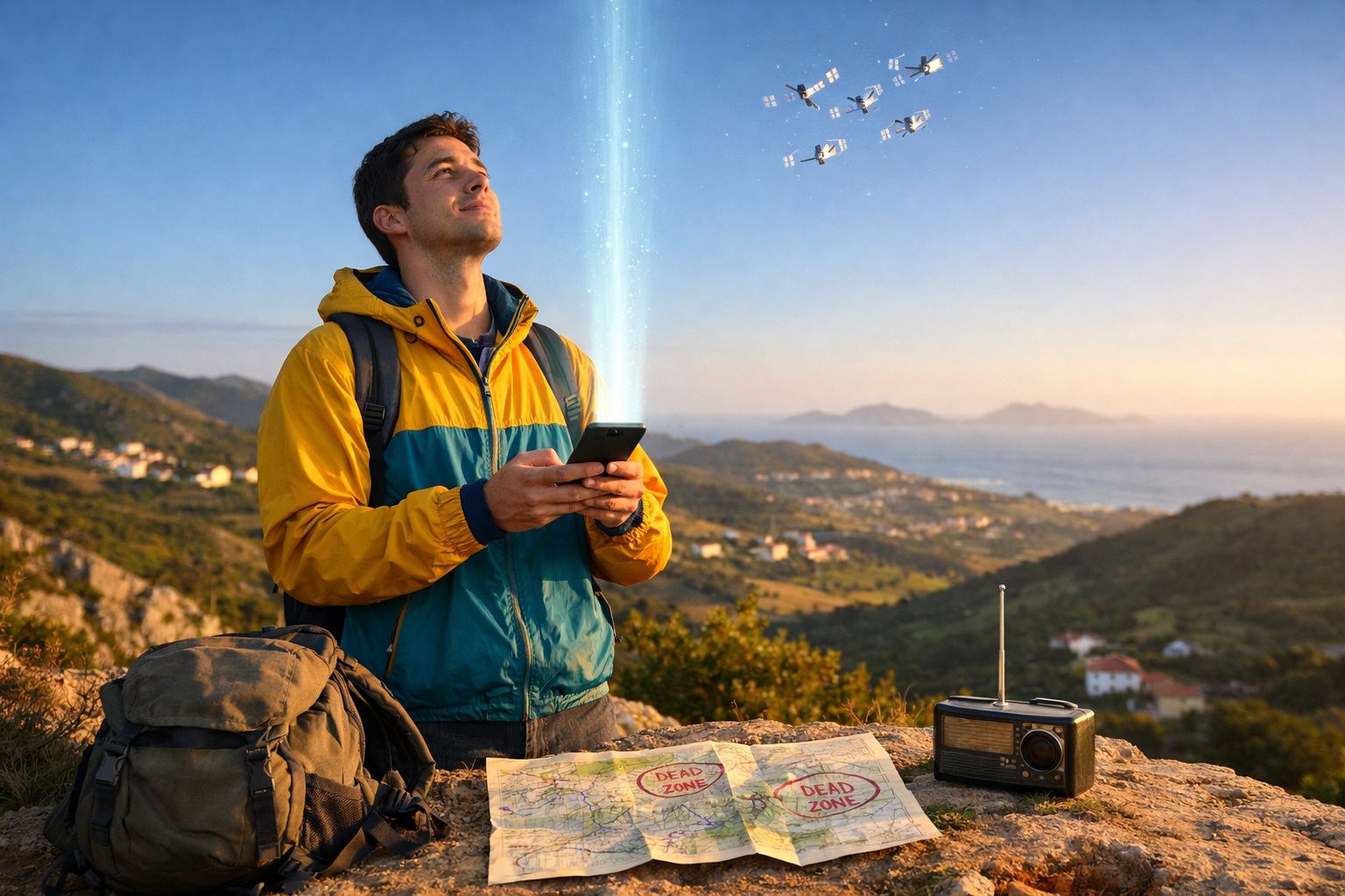 Homem com mochila utiliza telemóvel numa paisagem montanhosa, com mapa e rádio sobre uma rocha.