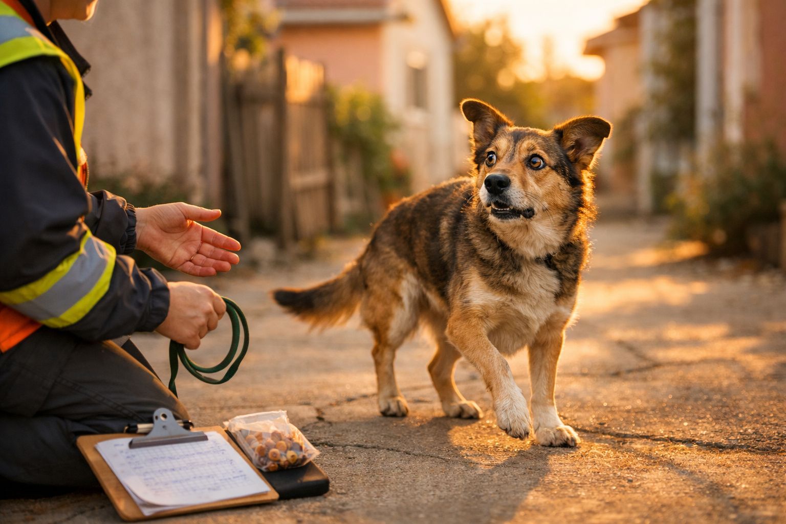 Cão castanho e preto a andar na rua ao pôr do sol com pessoa a segurar trela e clipboard ao lado.