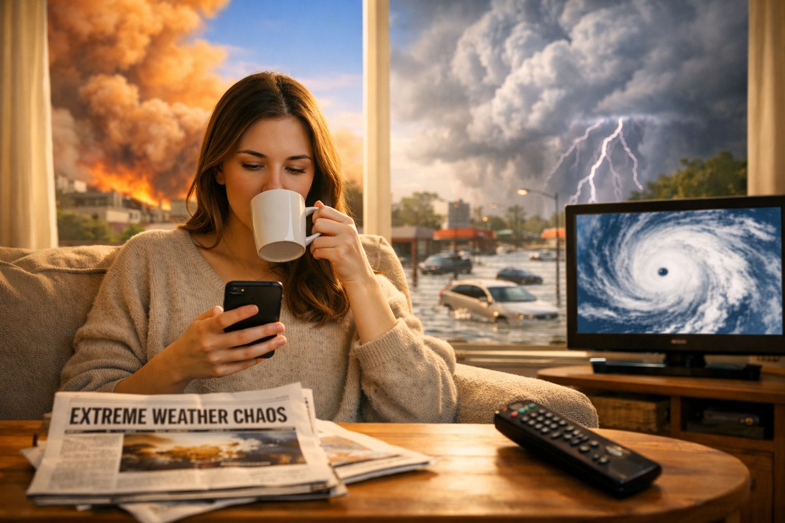 Mulher sentada no sofá, a beber chá e usar telemóvel, com desastres naturais visíveis através da janela ao fundo.