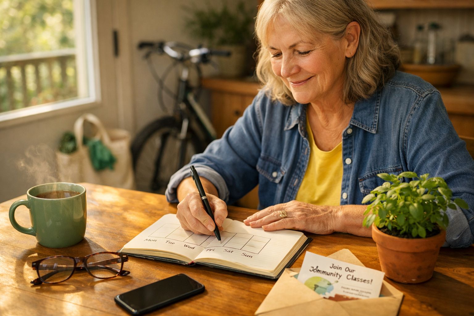 Mulher idosa sorridente a escrever num calendário numa mesa com café, óculos e planta verde.