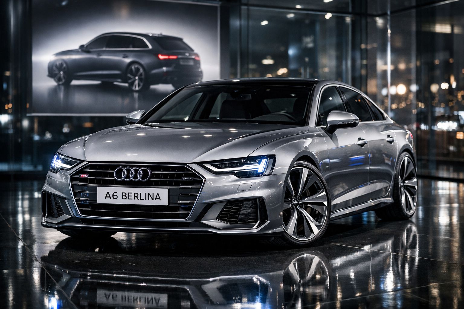 Audi A6 Berlina cinzento estacionado com exposição de modelo atrás e reflexos no chão.