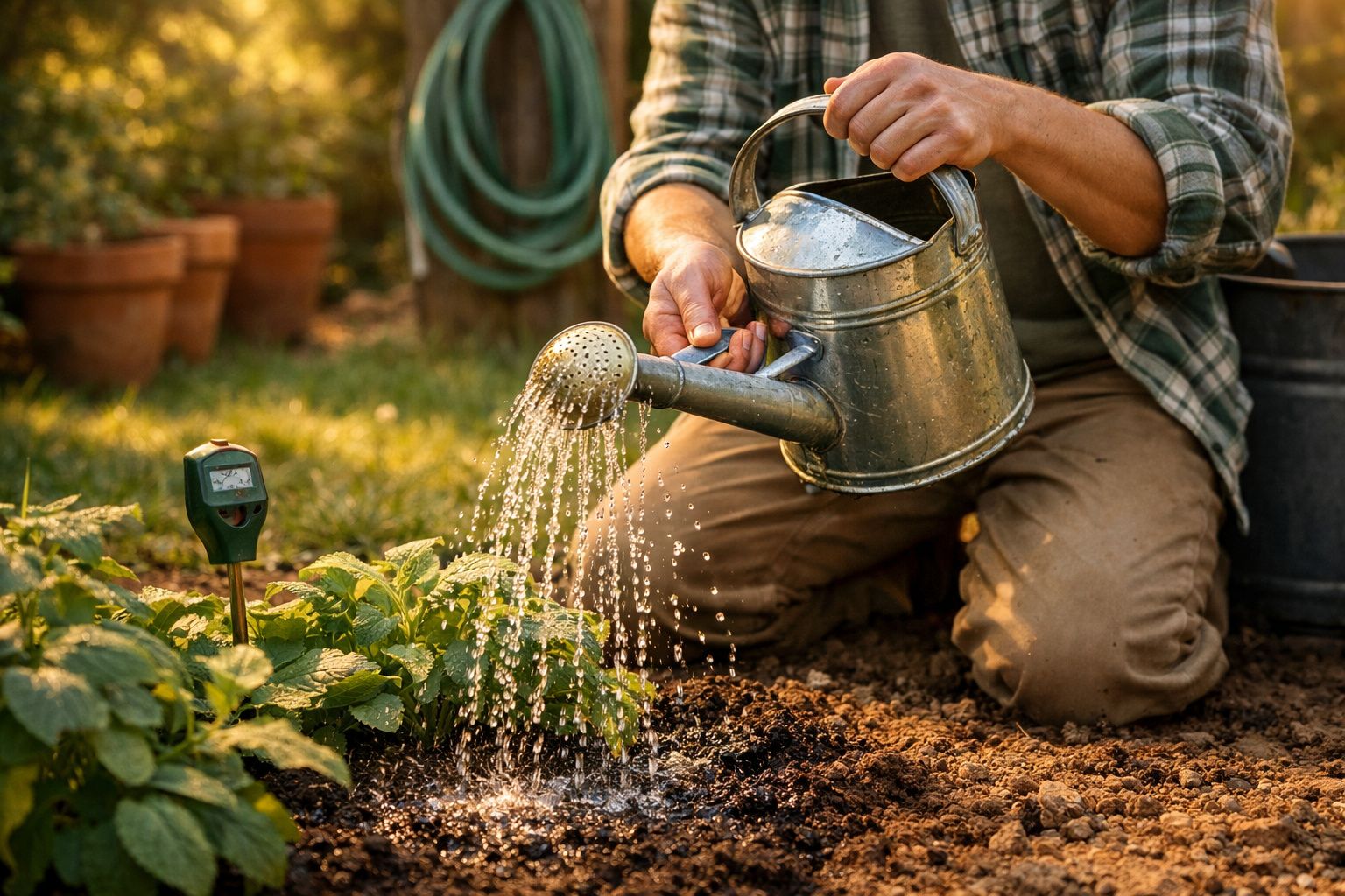 Pessoa de joelhos a regar plantas no jardim com um regador metálico em dia ensolarado.