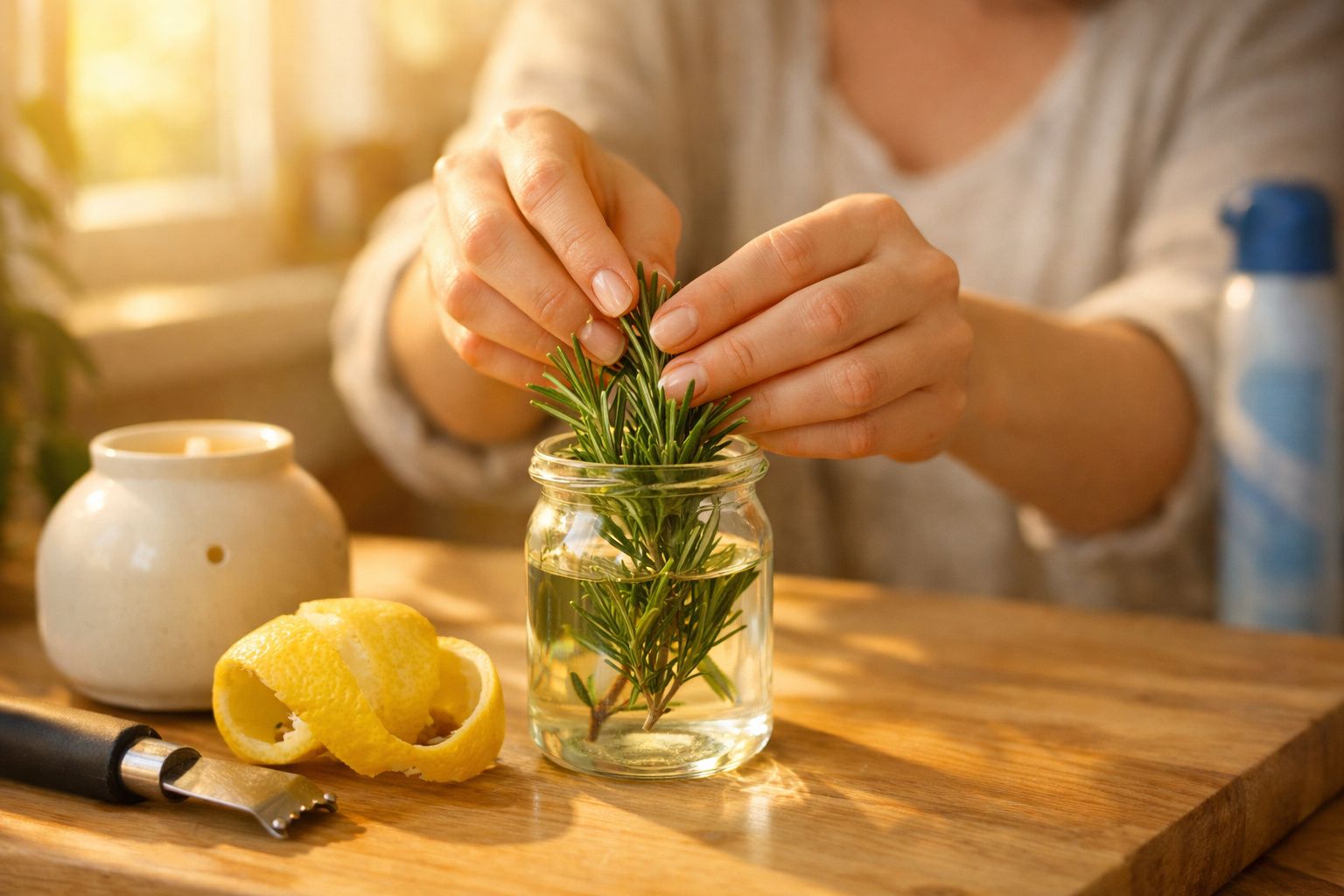 Pessoa a colocar raminho de alecrim num frasco com água, com casca de limão à frente numa mesa de madeira.