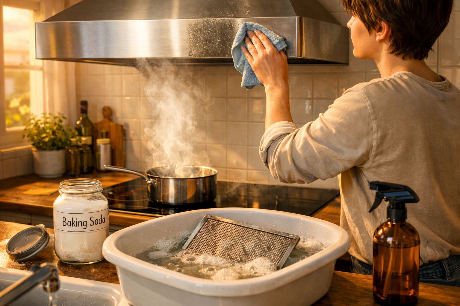 Pessoa a limpar a coifa da cozinha com pano, com panela a ferver e bicarbonato de sódio na bancada.
