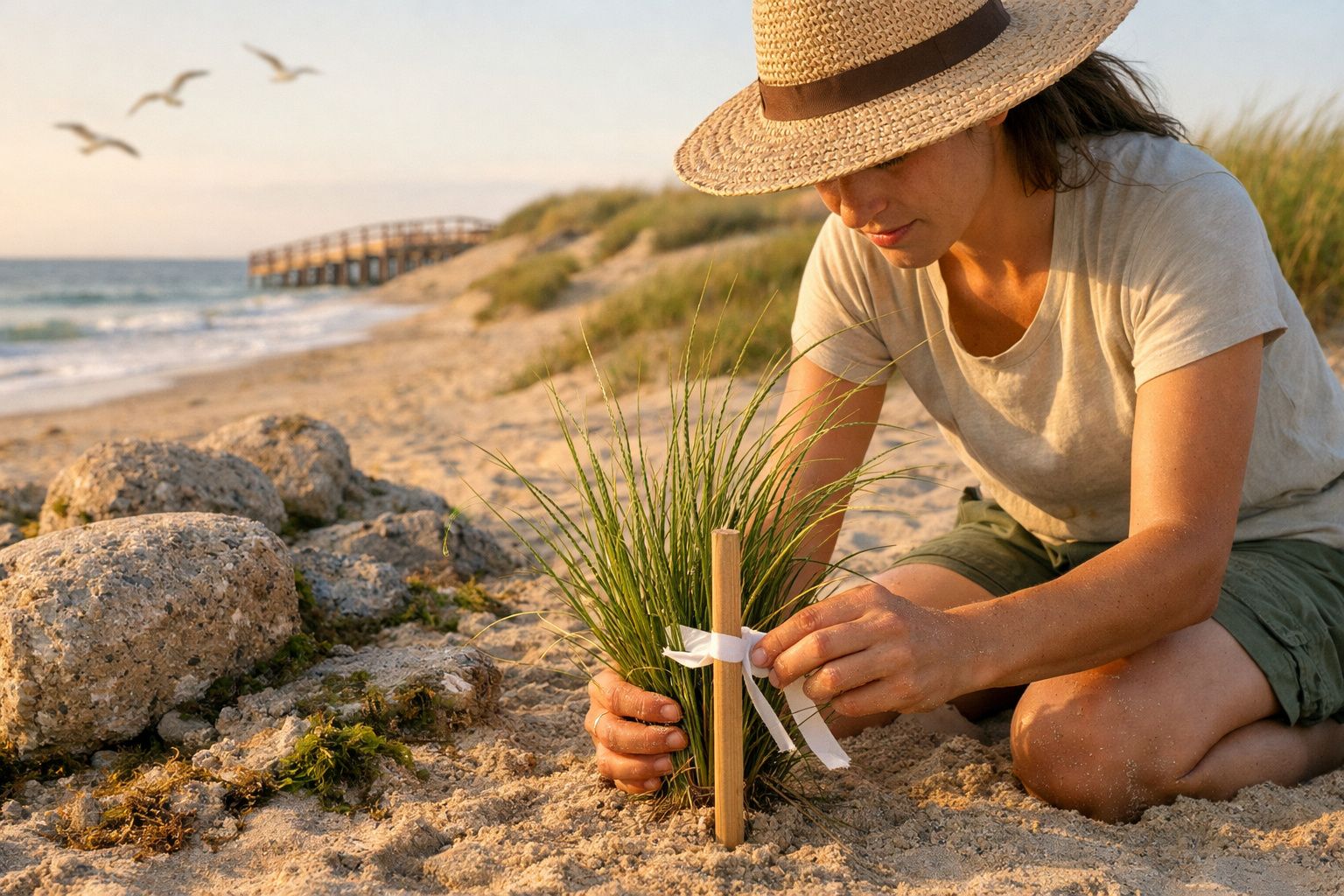 Mulher com chapéu a amarrar planta a estaca na praia ao pôr do sol.