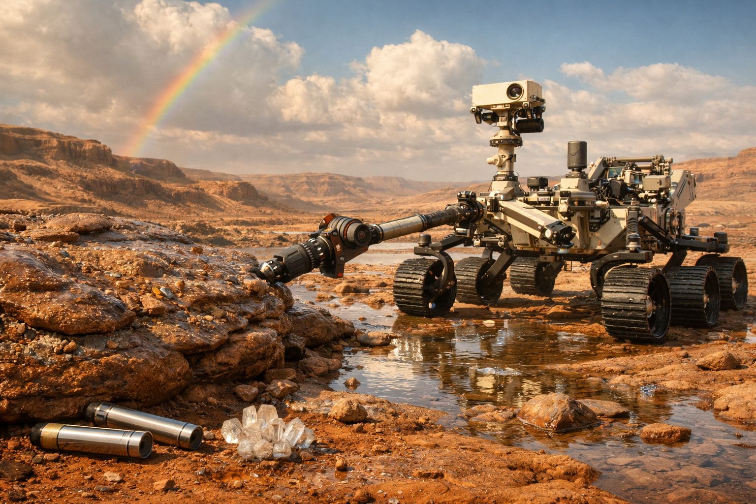 Rover exploratório em terreno rochoso com poça de água e arco-íris ao fundo sob céu nublado.