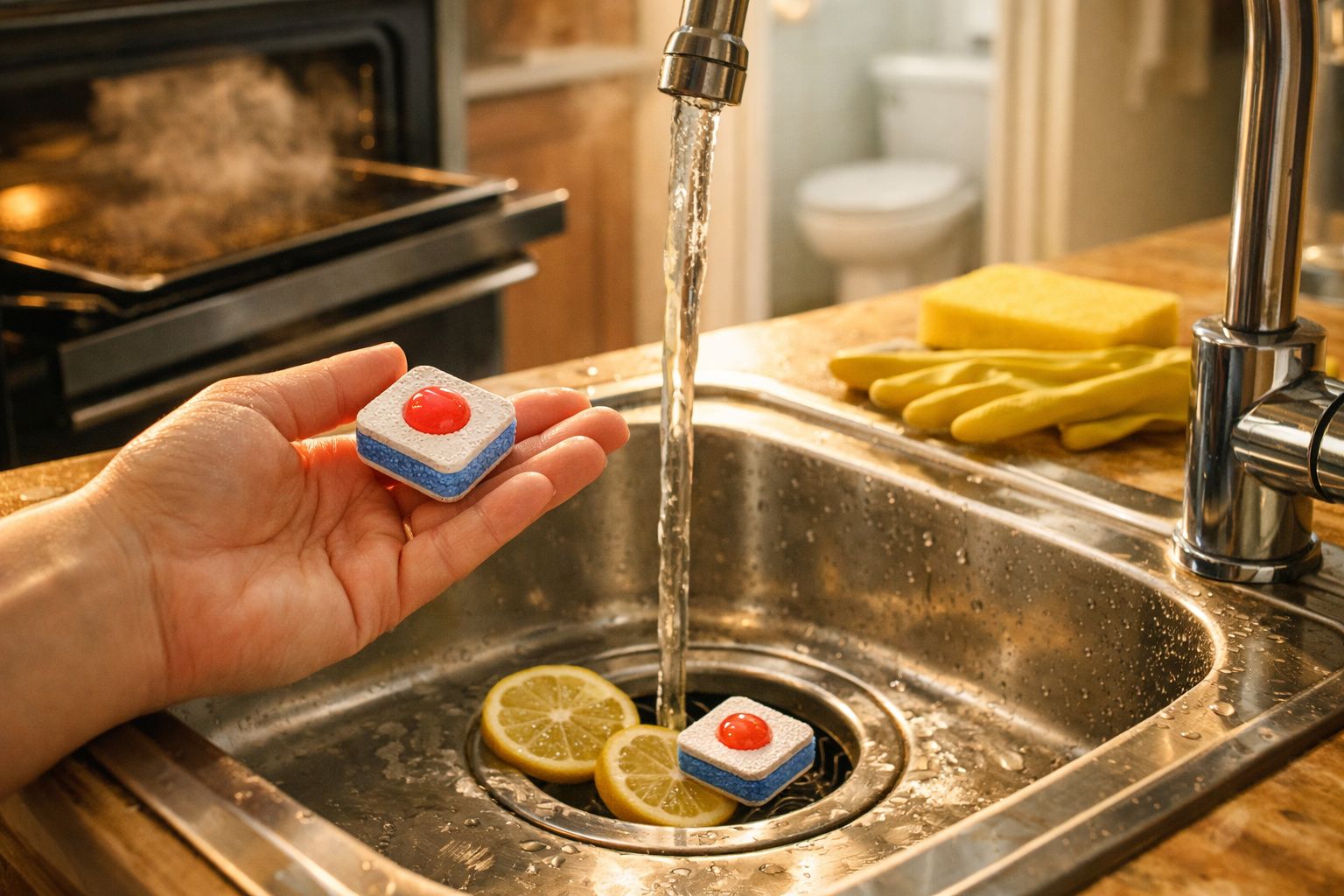 Pessoa a colocar pastilha de detergente para máquina de lavar loiça em cuba com água corrente e limões.