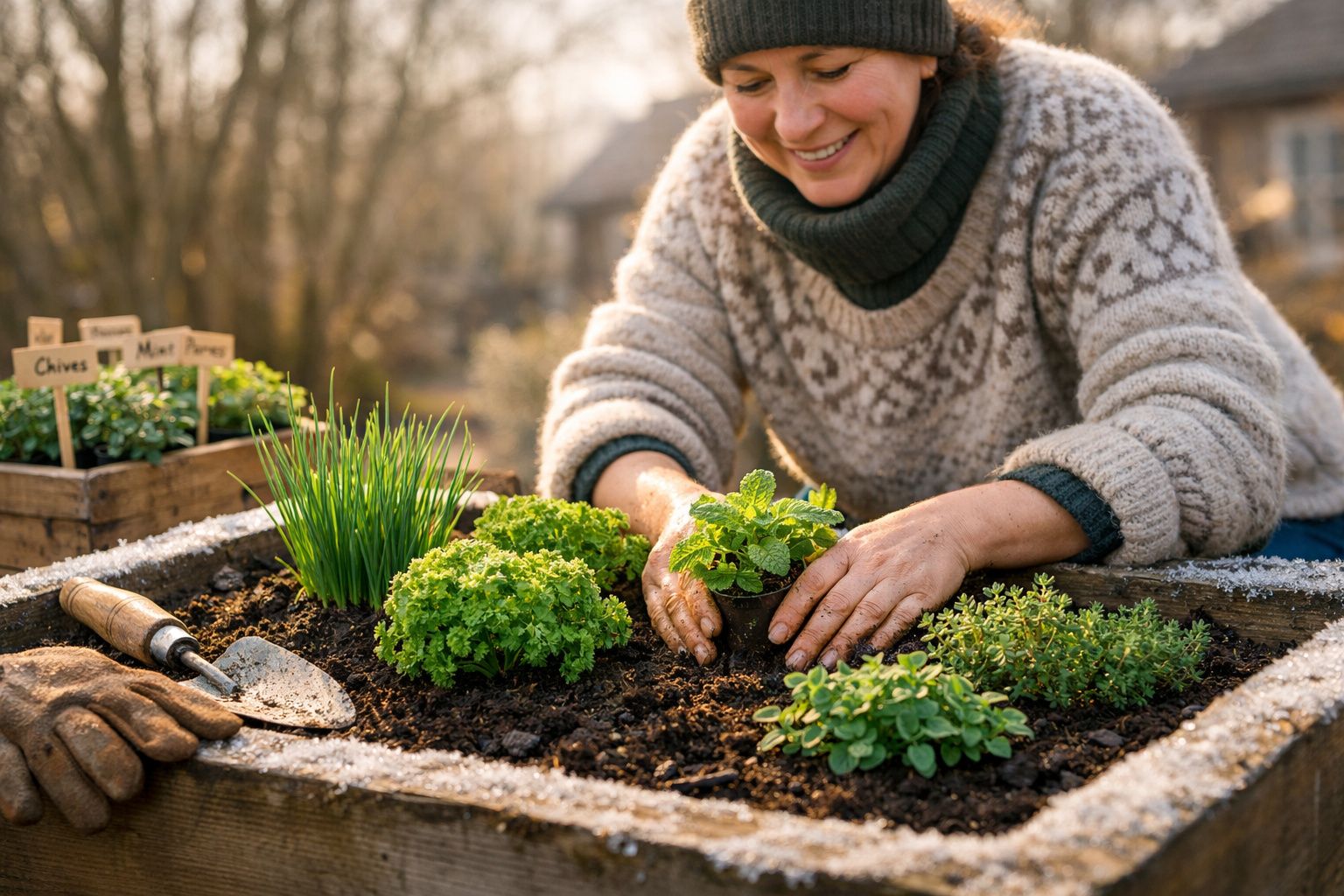 Mulher a transplantar ervas aromáticas num canteiro elevado num dia soalheiro de inverno.