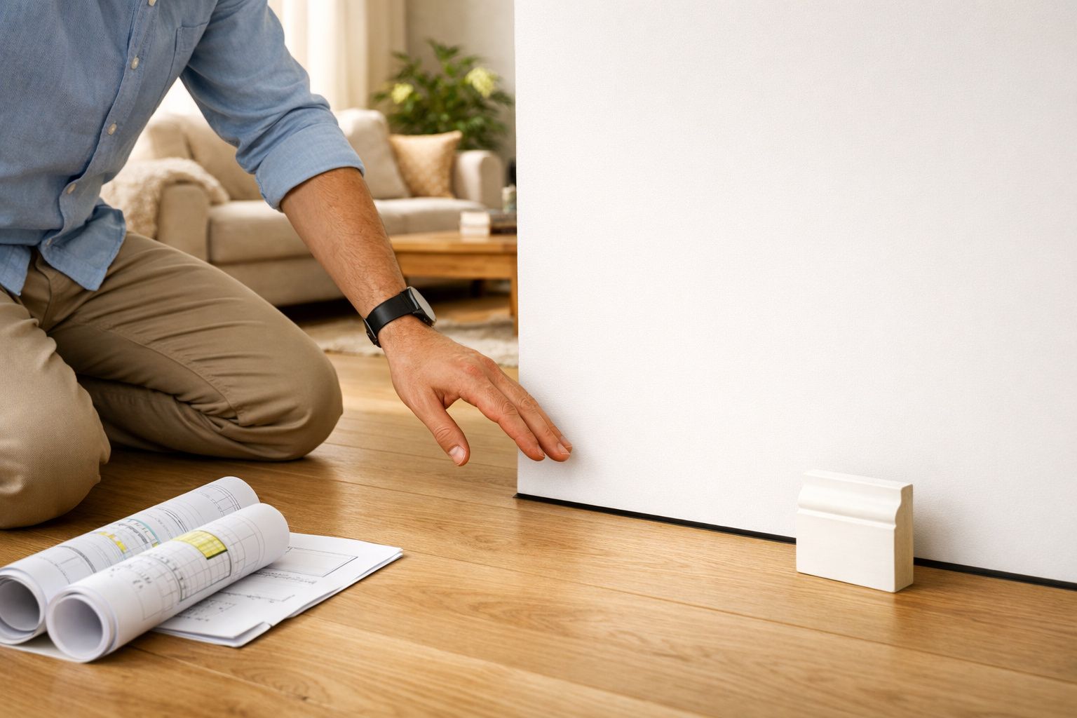 Pessoa a medir o espaço entre o chão e uma porta com um calço, com plantas de construção ao lado.