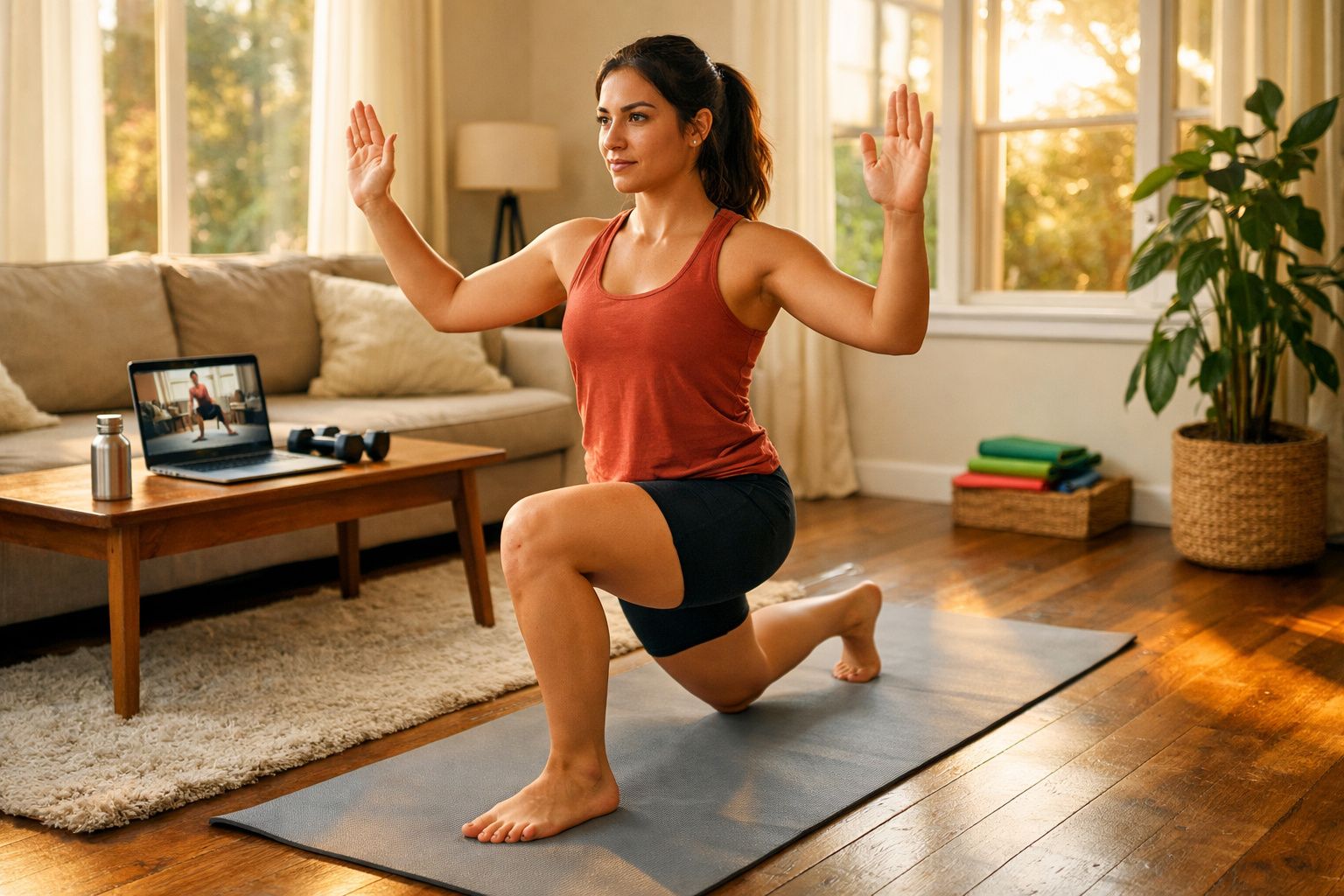 Mulher a fazer exercício de alongamento no tapete de yoga em sala de estar, seguindo vídeo no portátil.