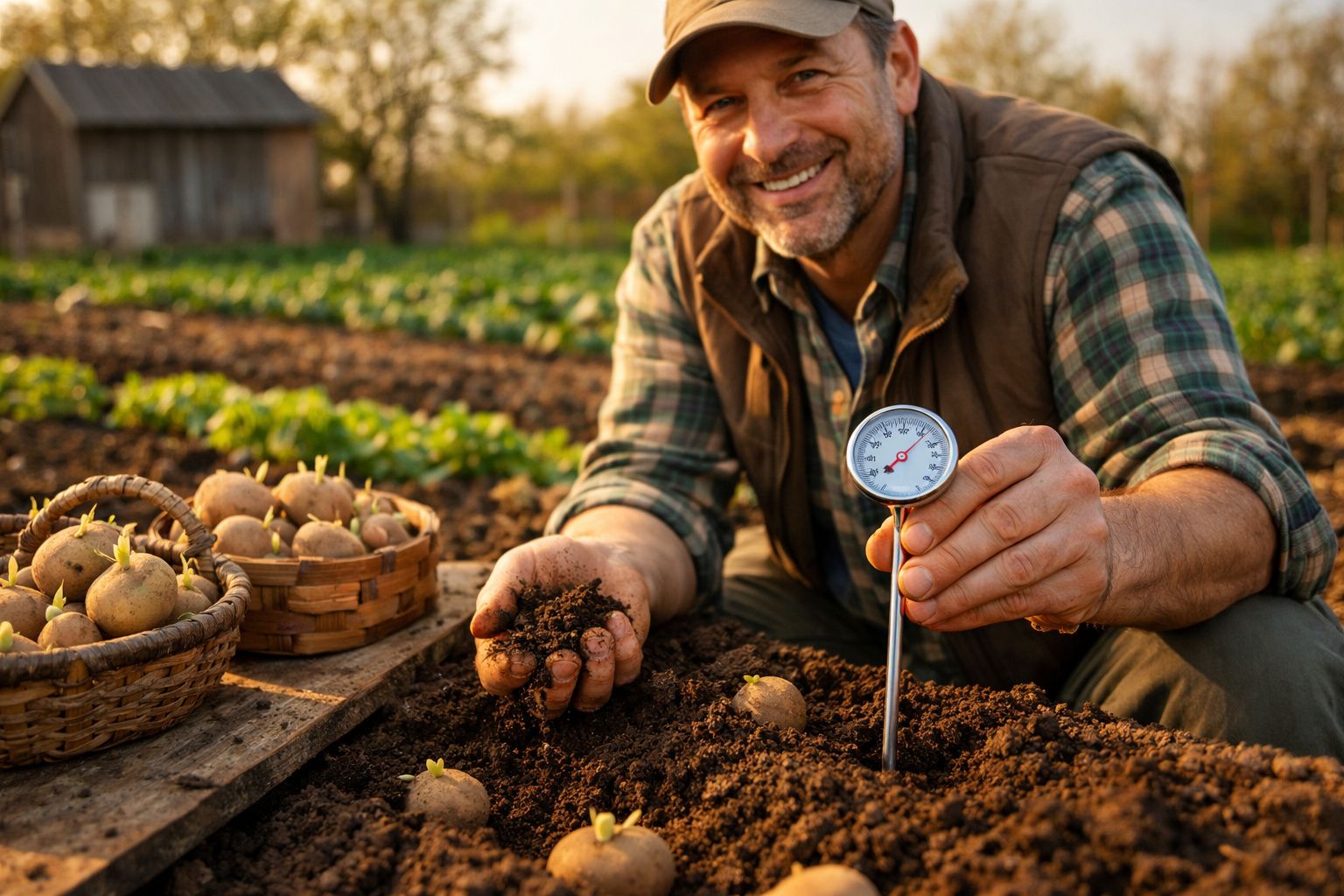 Homem sorridente com roupa de trabalho mede a temperatura do solo numa horta com batatas.