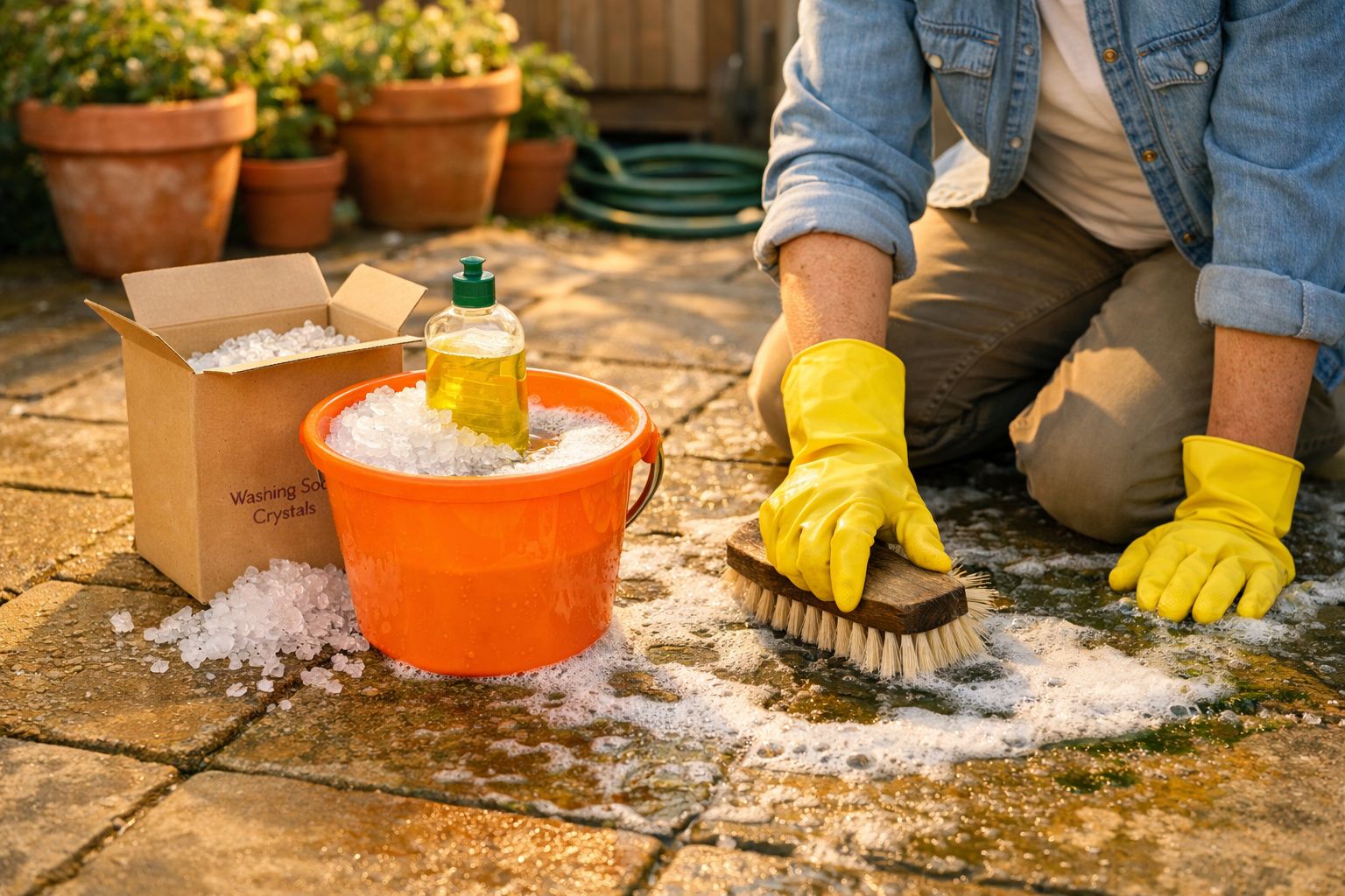 Pessoa de luvas amarelas a esfregar o chão exterior com escova, balde laranja, detergente e cristais de sabão ao lado.
