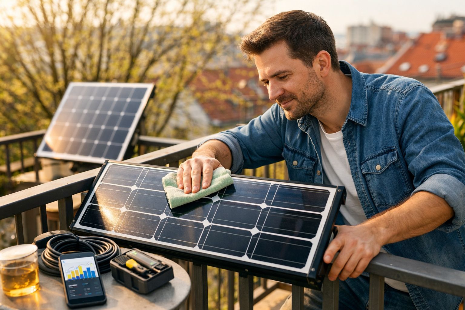 Homem a limpar painel solar com pano verde num terraço ao ar livre durante o dia.