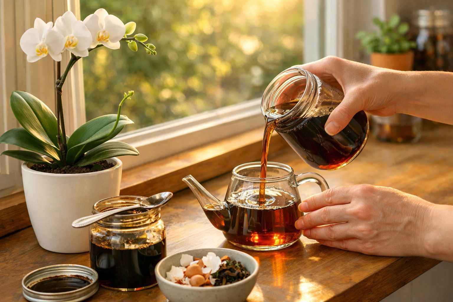 Pessoa a verter chá morno para bule de vidro numa mesa de madeira junto a janela com planta branca.