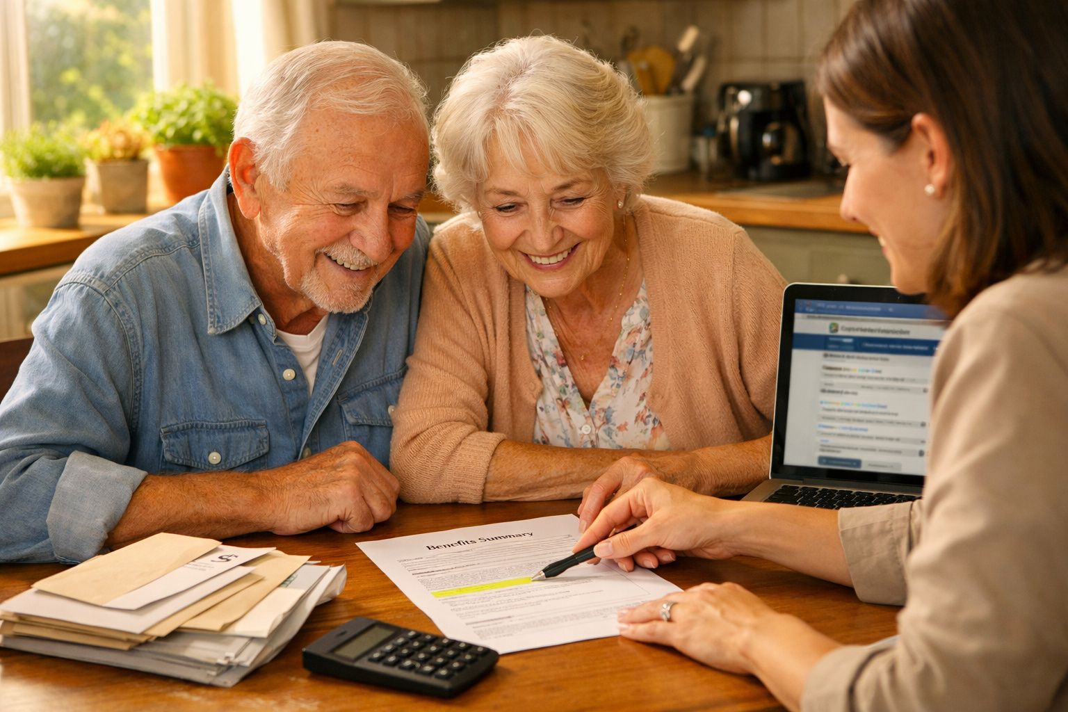 Casal sénior a discutir documentos financeiros com consultora em ambiente caseiro acolhedor.