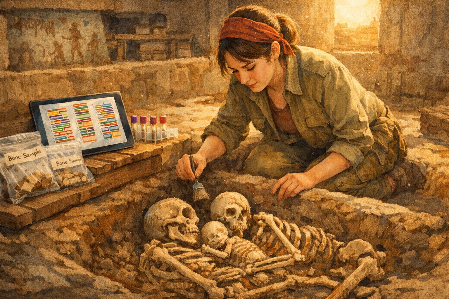 Arqueóloga a limpar ossadas humanas num sítio de escavação com material científico ao lado.