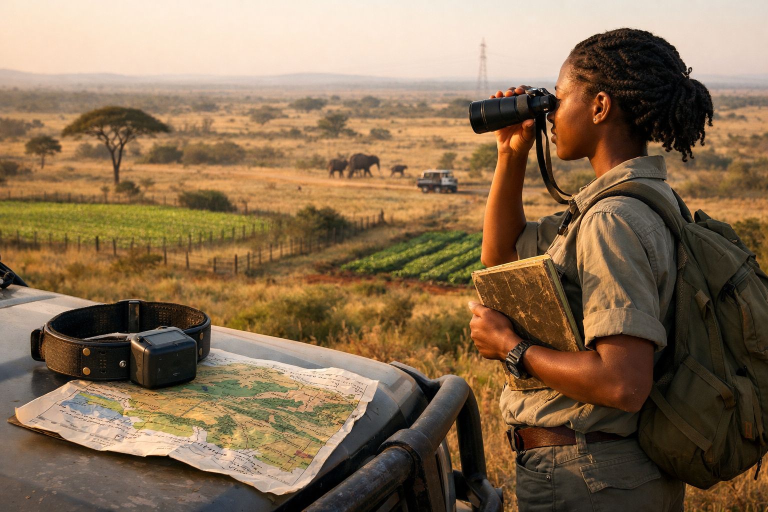 Mulher com binóculos observa a savana africana, com elefantes e viatura ao fundo, mapa e coleira sobre carro.