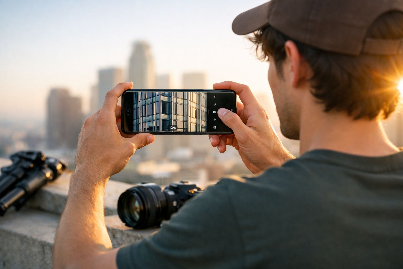 Homem a tirar foto a edifício com telemóvel, com câmaras e tripé apoiados na parede.