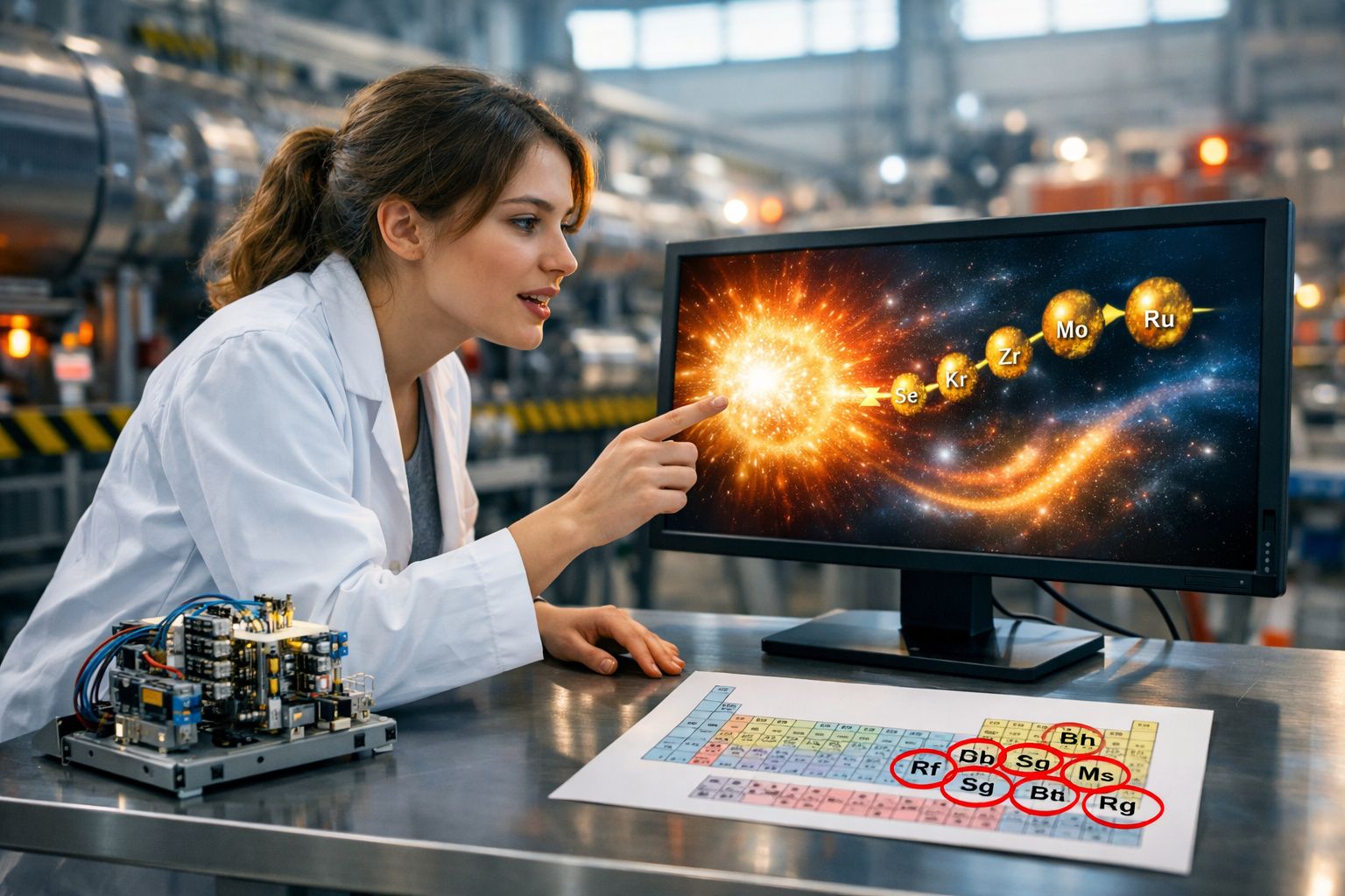Mulher cientista em laboratório aponta para tela com elementos químicos em simulação do sistema solar.