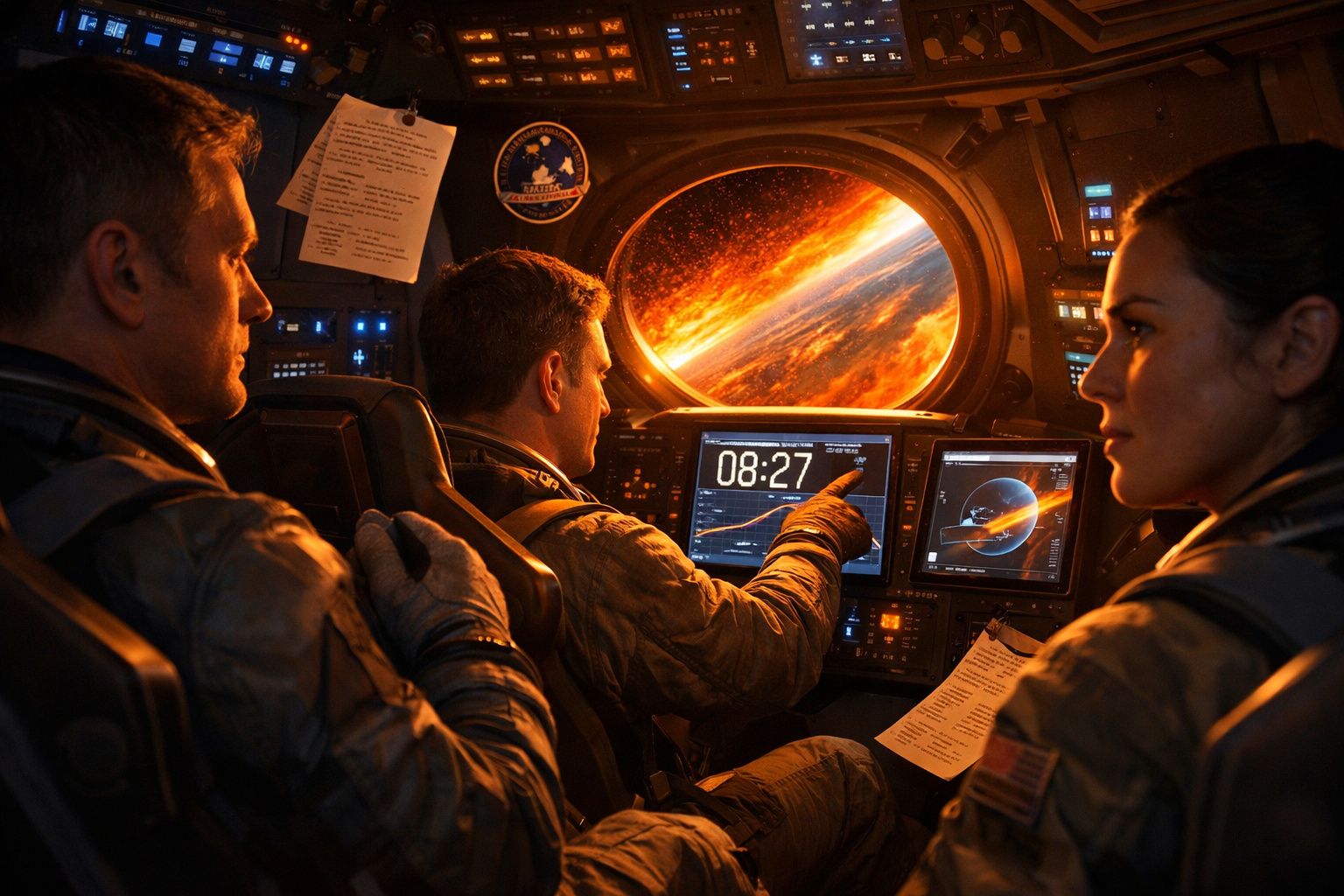 Três astronautas dentro de uma nave espacial observam planetas através de uma janela com painéis digitais acesos.