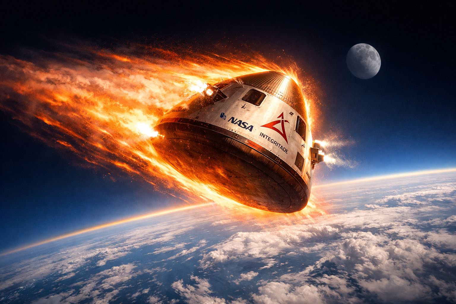 Capsula espacial da NASA a reentrar na atmosfera com faíscas e o planeta Terra e a Lua ao fundo.