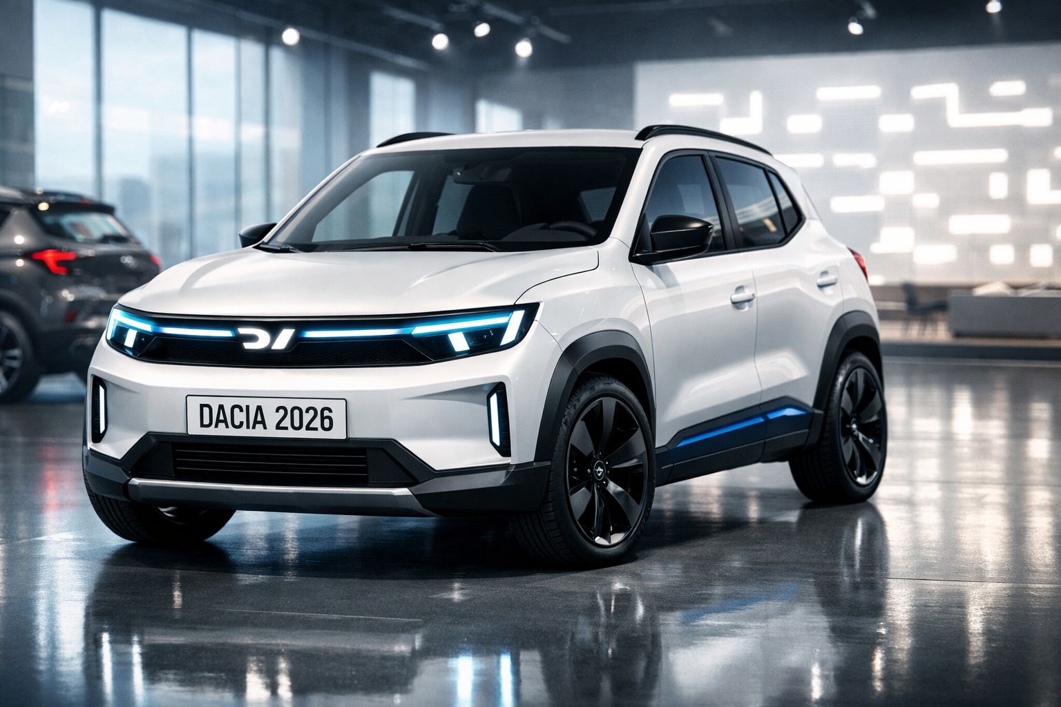 SUV branco moderno da Dacia 2026 estacionado em ambiente interno com iluminação refletida no chão.