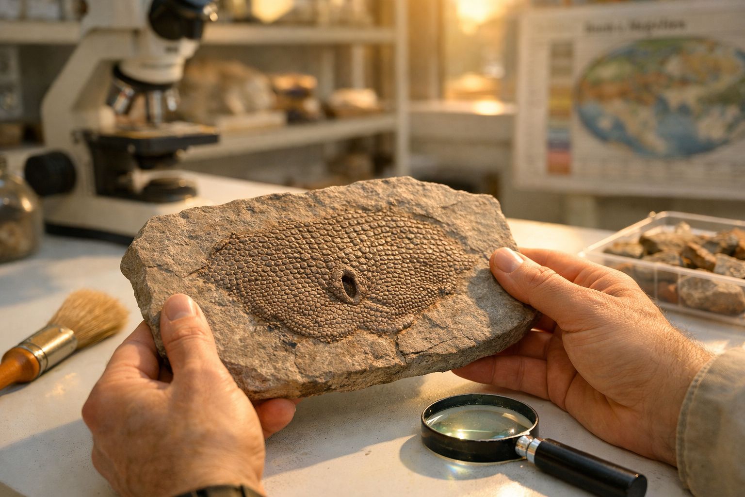 Mãos segurando fóssil detalhado em pedra, com lupa e microscópio ao fundo em laboratório.