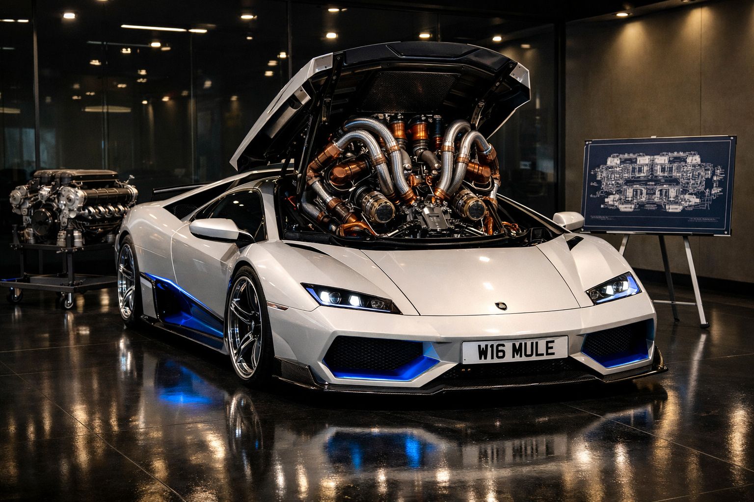 Carro desportivo branco com motor W16 exposto, luzes LED azuis e planta técnica ao fundo.