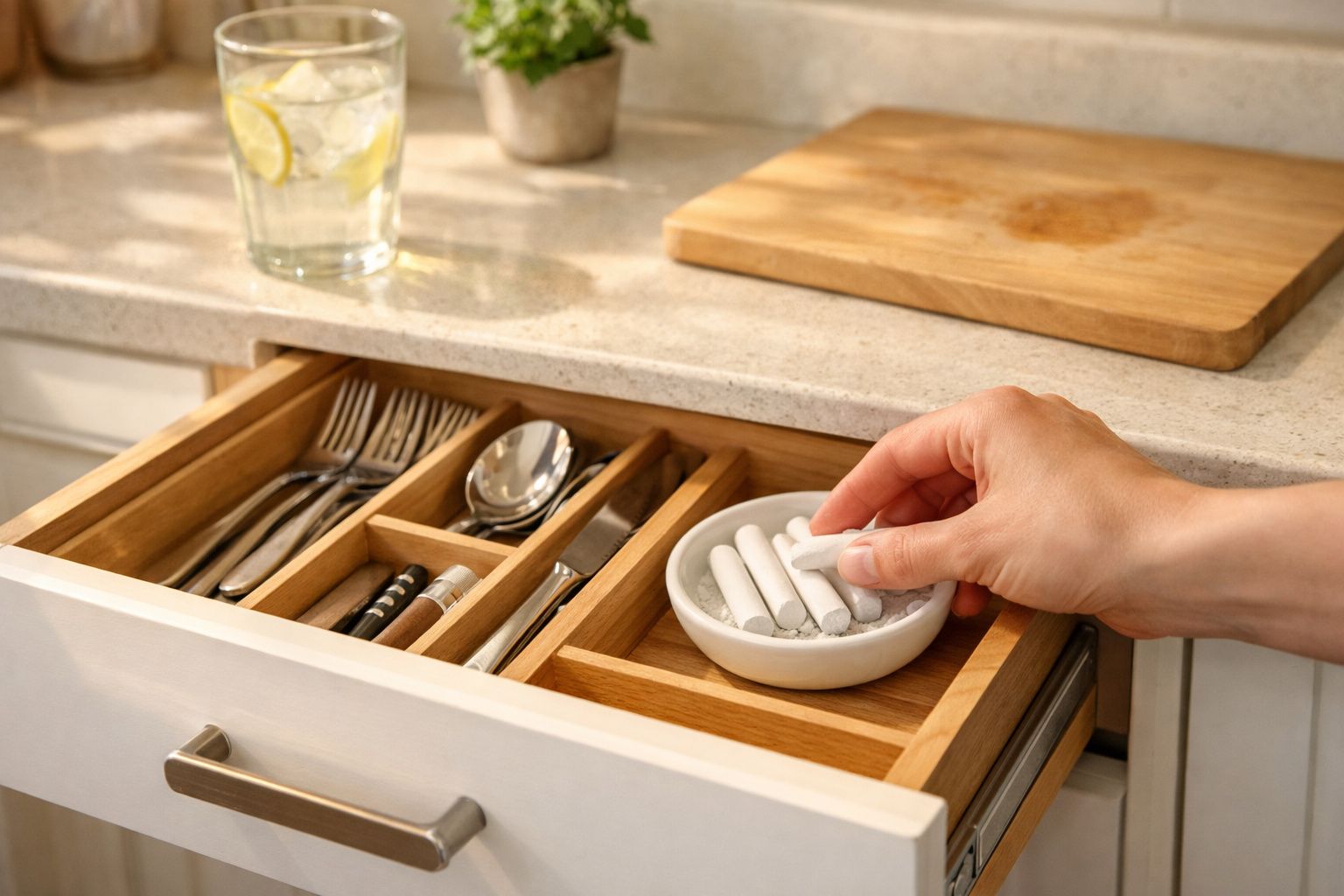 Mão a pegar cigarro falso numa caixa branca dentro de gaveta com talheres numa cozinha iluminada.