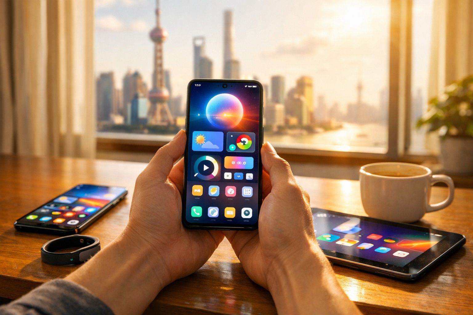 Pessoa a segurar smartphone com ecrã ligado, tablet, pulseira fitness e chávena numa mesa próxima de janela com vista urbana.