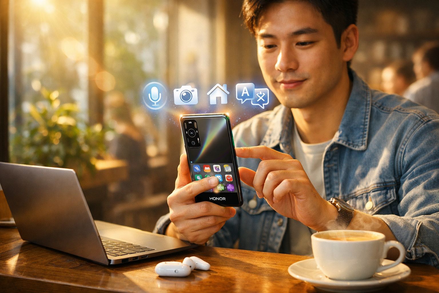 Homem sentado num café a usar smartphone Honor com ícones flutuantes de aplicações à frente.