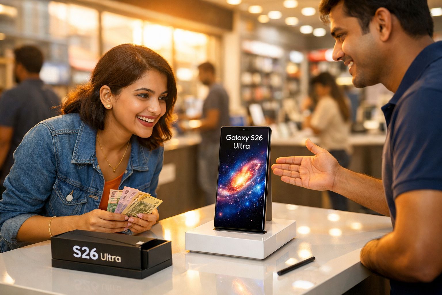 Cliente sorridente segura dinheiro enquanto vendedor apresenta telemóvel Galaxy S26 Ultra numa loja.