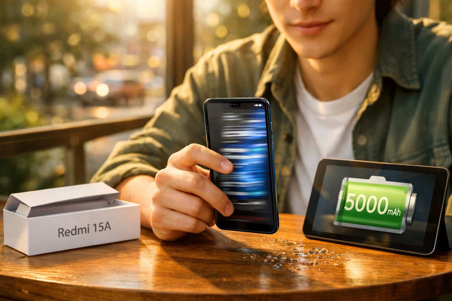 Pessoa segura telemóvel Redmi 15A junto a caixa, com ecrã a mostrar bateria de 5000 mAh numa mesa de madeira.