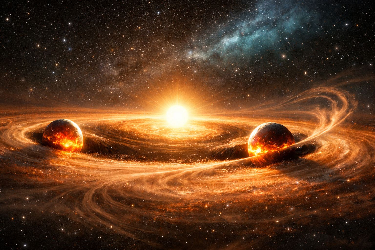 Sistema solar com duas planetas ardentes a orbitar uma estrela brilhante rodeada por poeira cósmica.