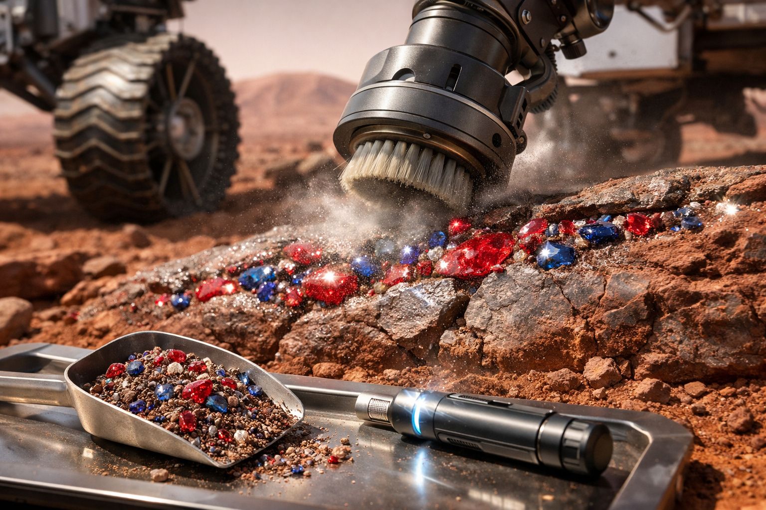 Broca robótica a limpar minerais vermelhos e azuis numa rocha, com escova e amostra de terra num tabuleiro.