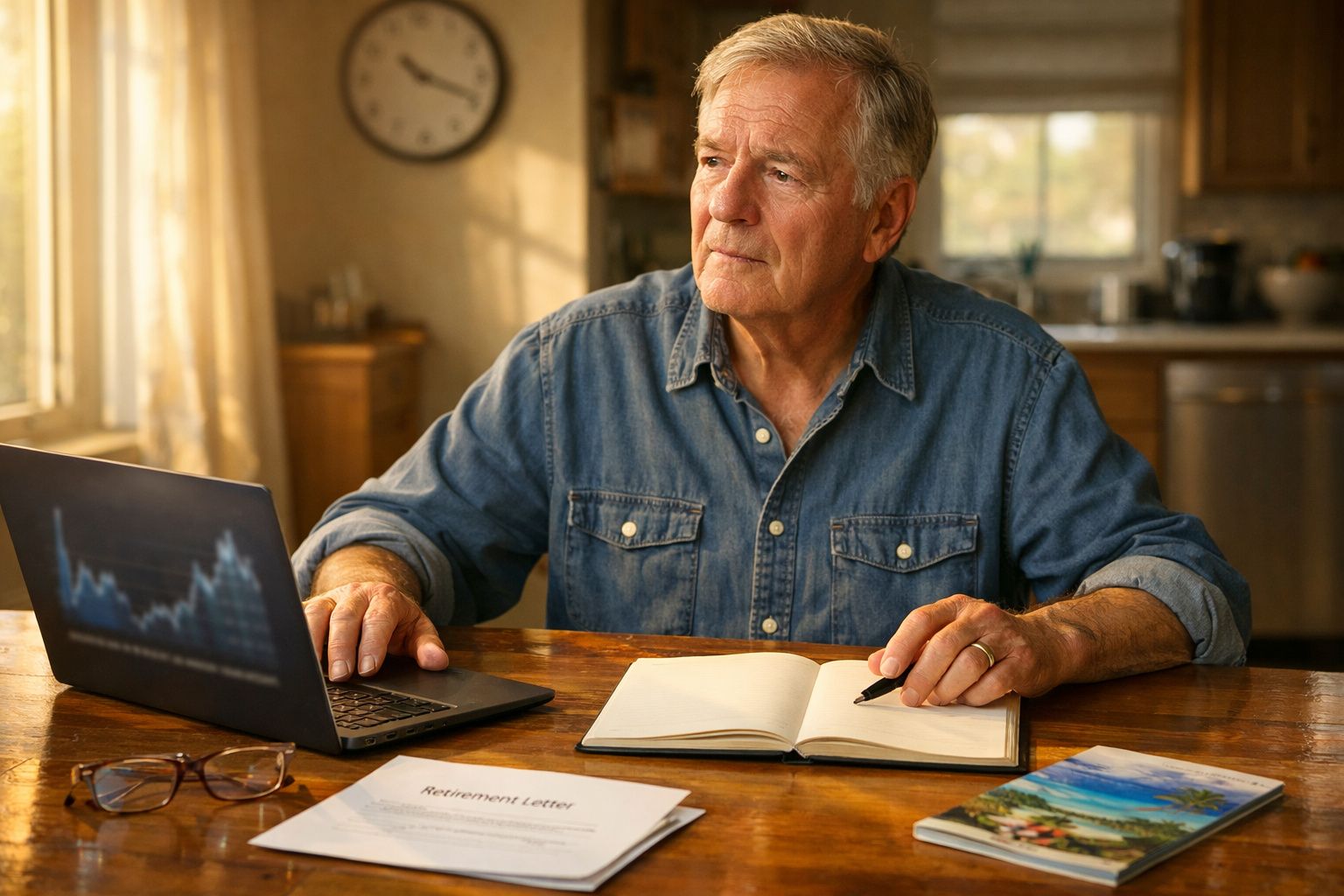 Homem idoso sentado à mesa com computador, caderno e documentos, olhando pensativo para o lado.