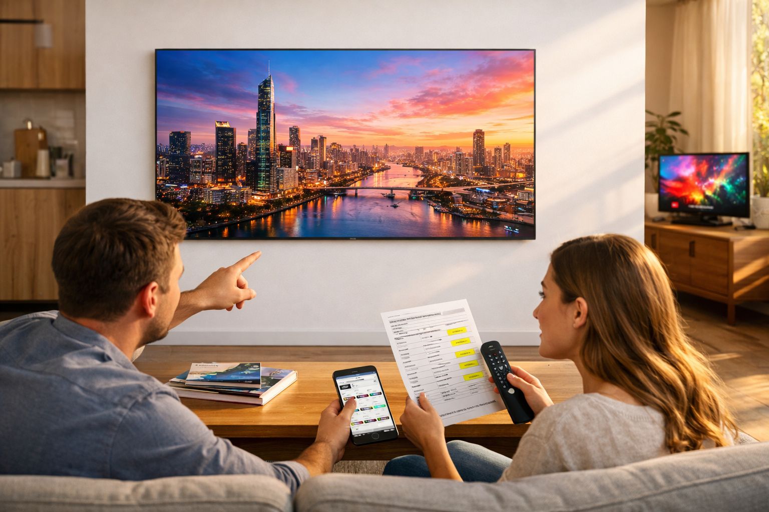 Casal sentado na sala a planear viagem, com televisão a mostrar paisagem urbana ao pôr do sol.