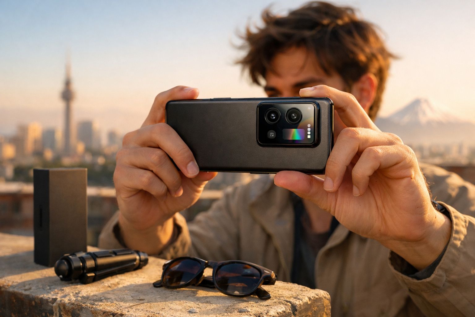Homem a tirar foto com smartphone preto, cenário urbano e montanha ao fundo ao pôr do sol.