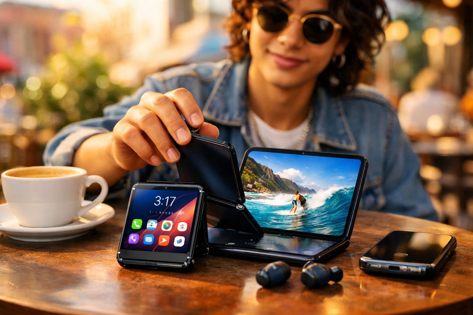 Pessoa com óculos de sol dobra telemóvel dobrável numa mesa de café com café, auriculares e outro telemóvel.