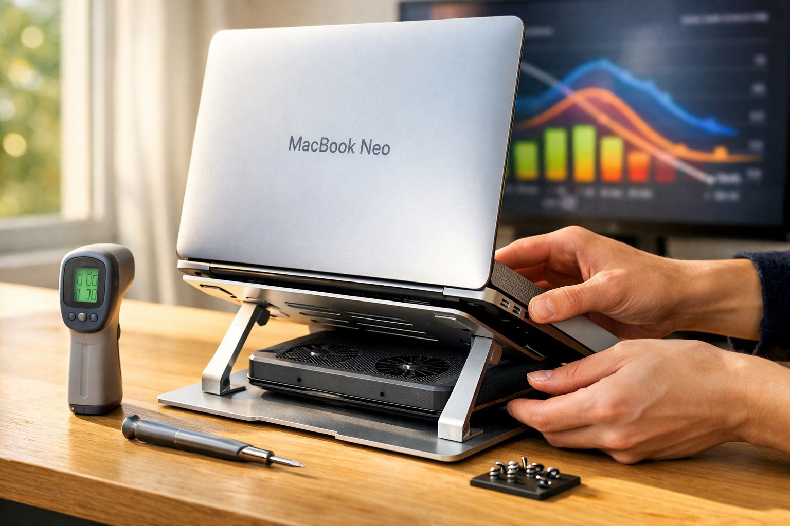 Laptop MacBook Neo num suporte metálico, mãos ajustando-o sobre uma mesa com termómetro e caneta.