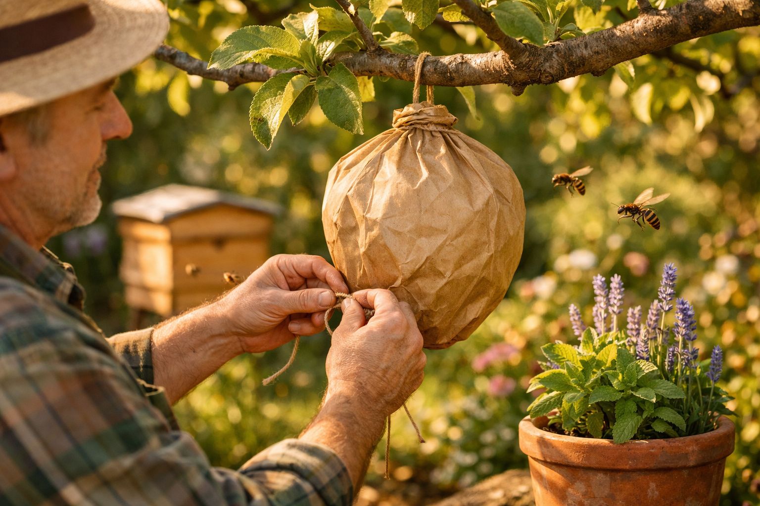 Homem a instalar armadilha de papel em árvore para capturar vespas, com colmeia e flores ao fundo.
